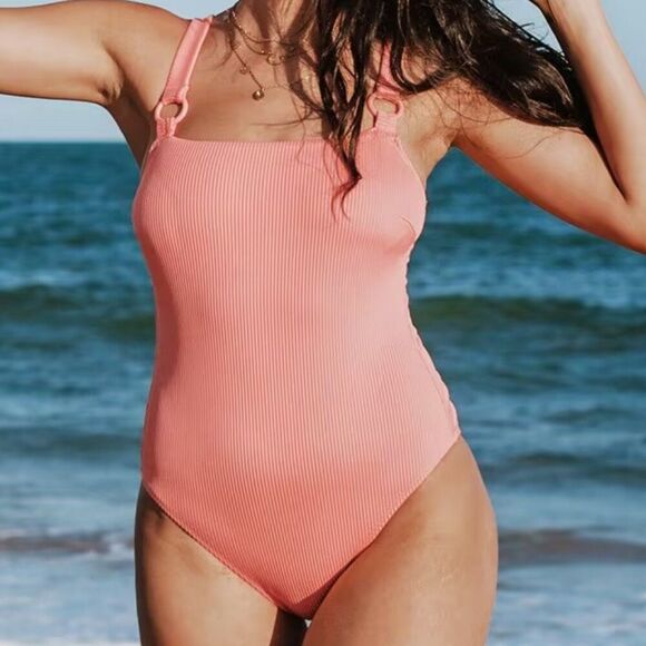 Cupshe Brenna Ribbed O-Ring Square Neck One Piece Swimsuit Orange Pink Large - Picture 3 of 6